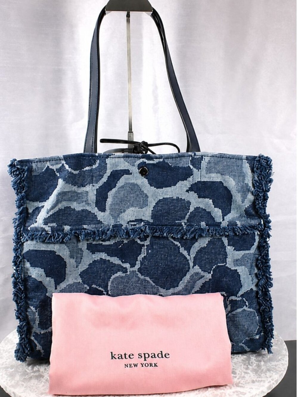 Kate Spade Sam Denim Large Tote Floral Fringe Blue Shoulder Bag